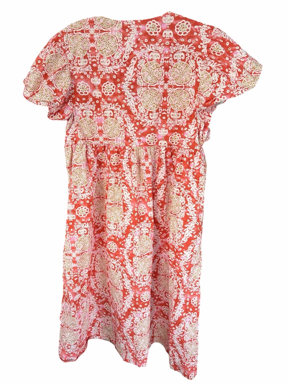 Anthro Maeve Coral Floral Babydoll Midi Dress L Cotton Pockets - Picture 3 of 6